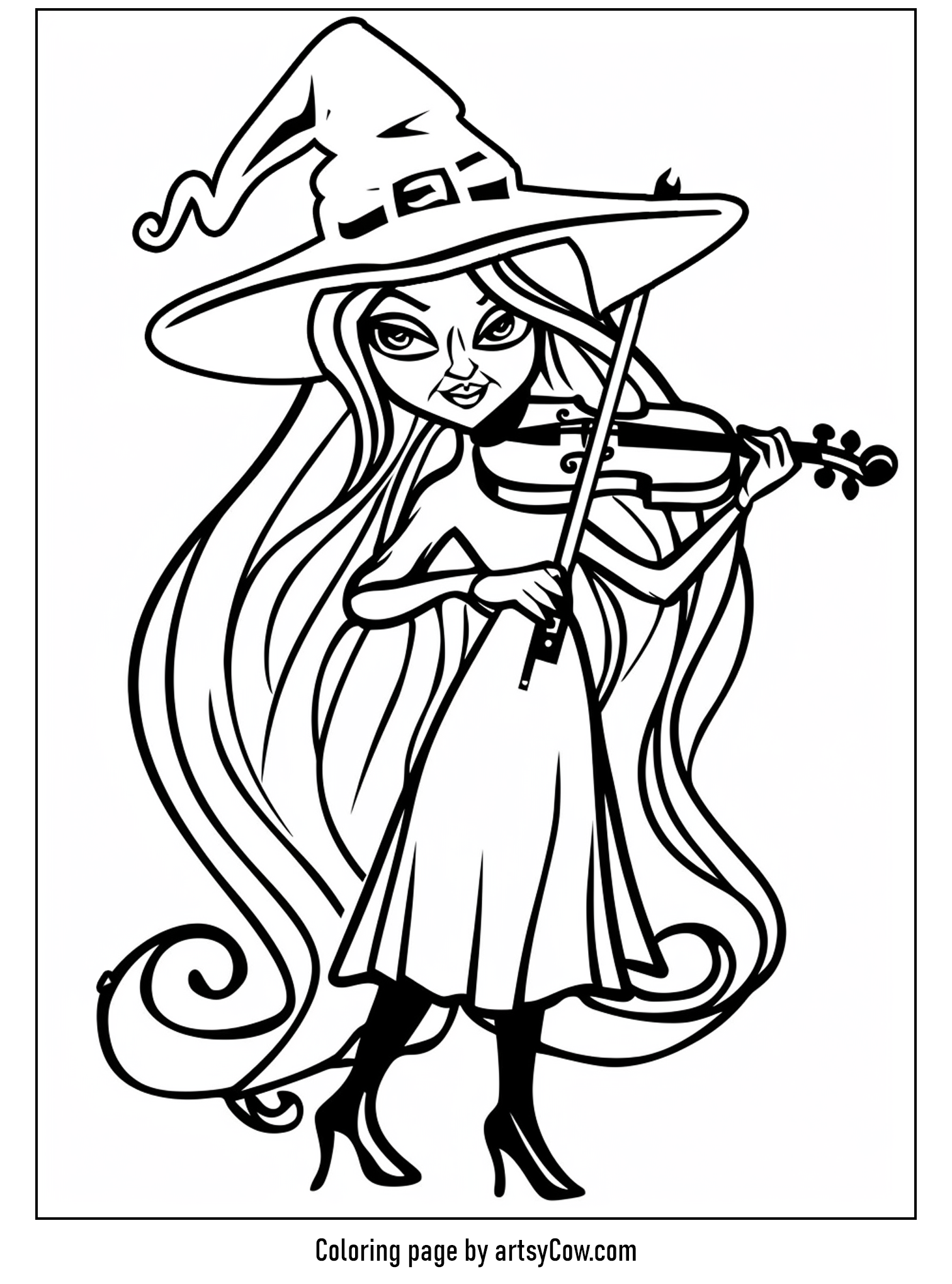 free halloween coloring pages for kids and adults, showcasing a witch elegantly playing the violin.